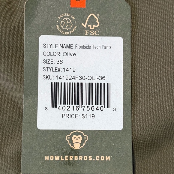 Howler Bros Frontside Tech Pants NWT size 36 x 30 Olive Green Straight Leg - Picture 6 of 14